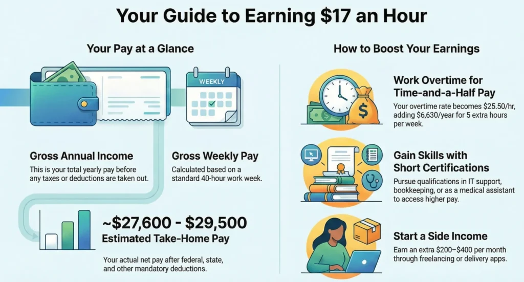 $17 an Hour Is How Much a Year ? โ
Infographic showing how $17 an hour equals $35,360 a year