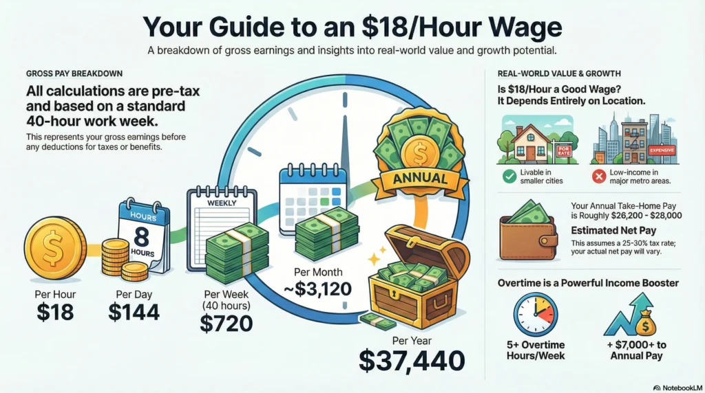Infographic showing $18/hour wage breakdown with daily, weekly, and yearly earnings