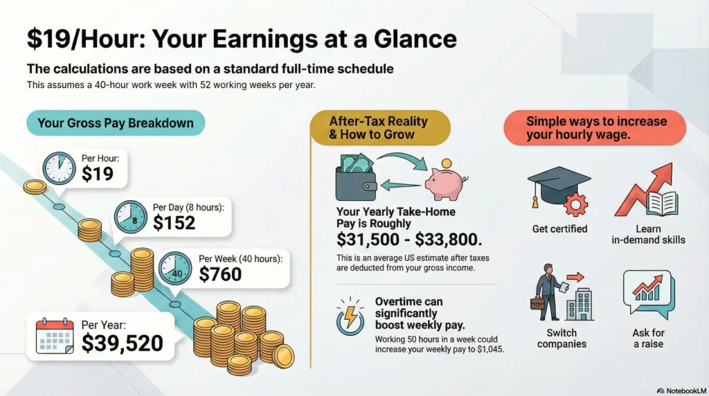 Infographic showing $19/hour wage breakdown with daily, weekly, and yearly earnings