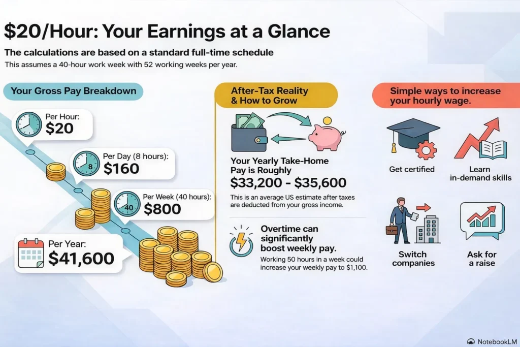 Infographic showing $20/hour wage breakdown with daily, weekly, and yearly earnings