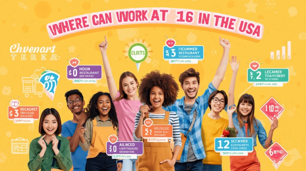 lucid origin a colorful infographic illustrating various job oppourtunities for 16 years old in the usa