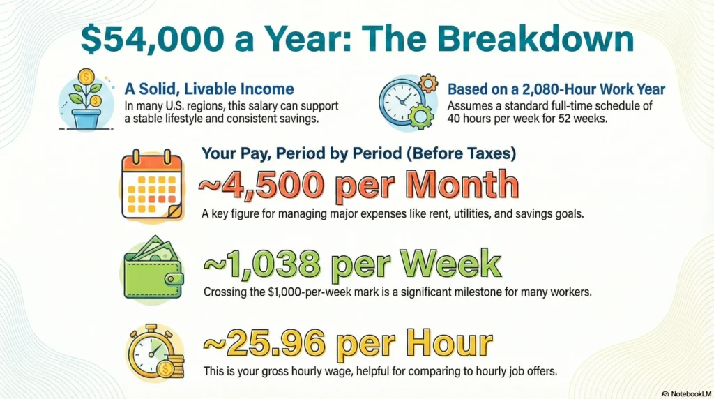 Infographic breaking down a $54,000 annual salary into hourly, daily, weekly, bi-weekly, and monthly gross income, with commentary on whether it’s a livable wage in the U.S.