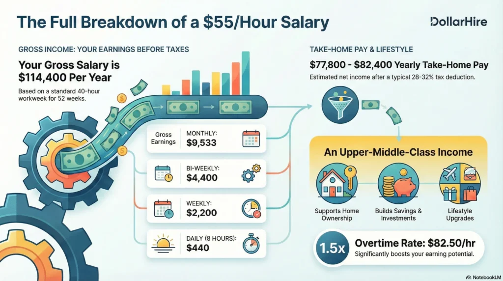 Infographic showing $55 per hour salary breakdown into yearly, monthly, bi-weekly, and weekly income, with lifestyle benefits like six-figure earnings, financial security, and support for home ownership, savings, and travel.