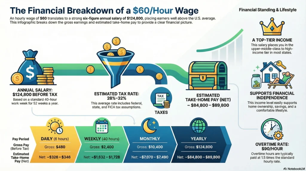 Infographic showing $60/hour salary breakdown before and after taxes, with annual, monthly, and daily earnings, plus lifestyle insights.