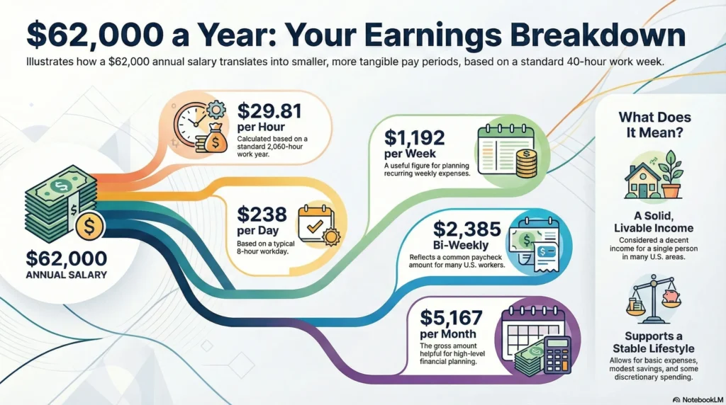 Infographic showing how a $62,000 annual salary breaks down into hourly, daily, weekly, bi-weekly, and monthly earnings.
