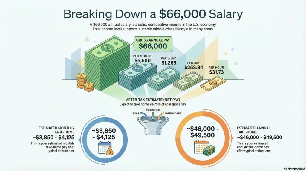 Infographic showing the breakdown of a $66,000 annual salary in the U.S., with monthly, weekly, daily, and hourly gross pay, plus estimated after-tax take-home income.