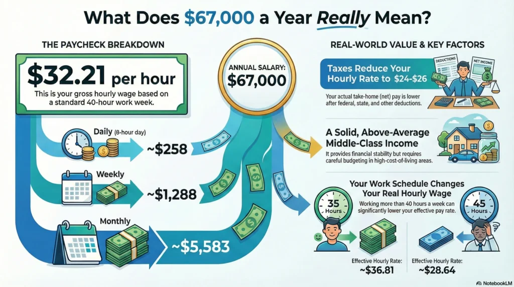 Infographic titled “What Does $67,000 a Year Really Mean?” showing gross pay breakdown ($32.21/hour, ~$258/day, ~$1,288/week, ~$5,583/month) and real-world factors like taxes, middle-class status, and adjusted hourly rates for 35- and 45-hour workweeks.