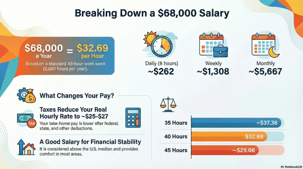 Infographic titled “Breaking Down a $68,000 Salary” showing gross pay breakdown ($32.69/hour, ~$262/day, ~$1,308/week, ~$5,667/month) and real-world adjustments like taxes and work schedule impacts on hourly rate.