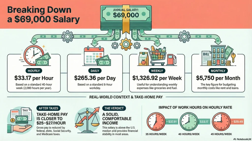 Infographic titled “Breaking Down a $69,000 Salary” showing gross pay breakdown ($33.17/hour, $265/day, $1,326/week, $5,750/month) and real-world adjustments like taxes and work schedule impacts on hourly rate.