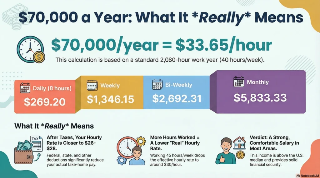 Infographic titled “$70,000 a Year: What It Really Means” showing gross pay breakdown ($33.65/hour, $269/day, $1,346/week, $2,692 bi-weekly, $5,833/month) and real-world adjustments like taxes and work schedule impacts on hourly rate.