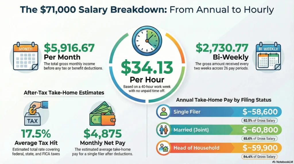 Infographic showing $71,000 salary breakdown from annual to hourly, monthly, bi-weekly, and after-tax take-home pay by filing status.